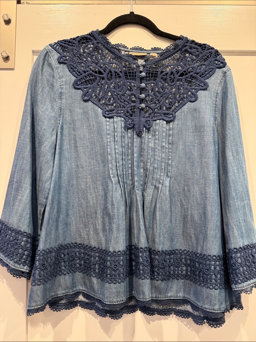 HOLDING HORSES Blue Chambray Blouse with Navy Lace Yoke